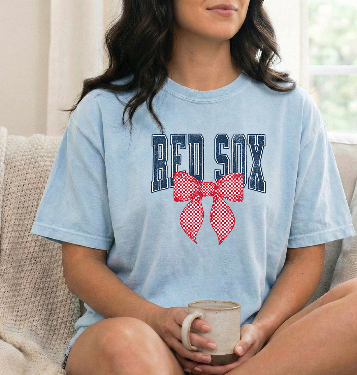 Baseball Red Check bow Chambray Unisex Comfort Colors Tshirt