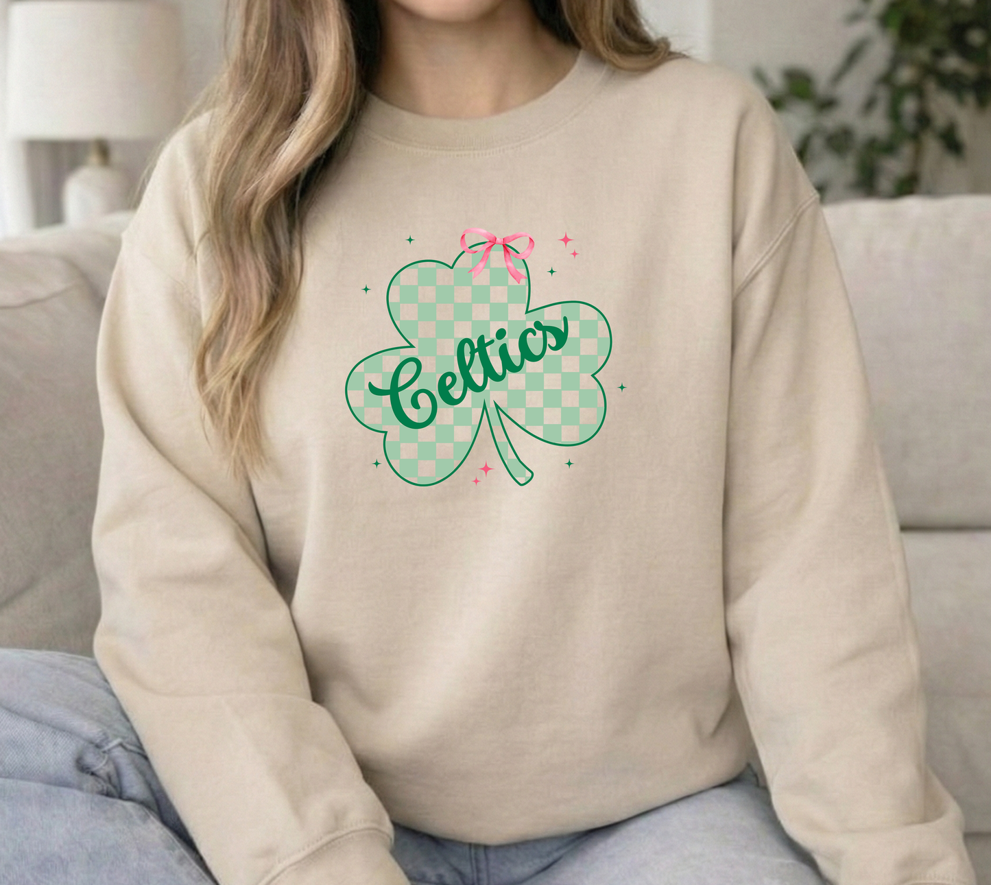 Celtics Checkered Clover Sand Gildan crewneck sweatshirt