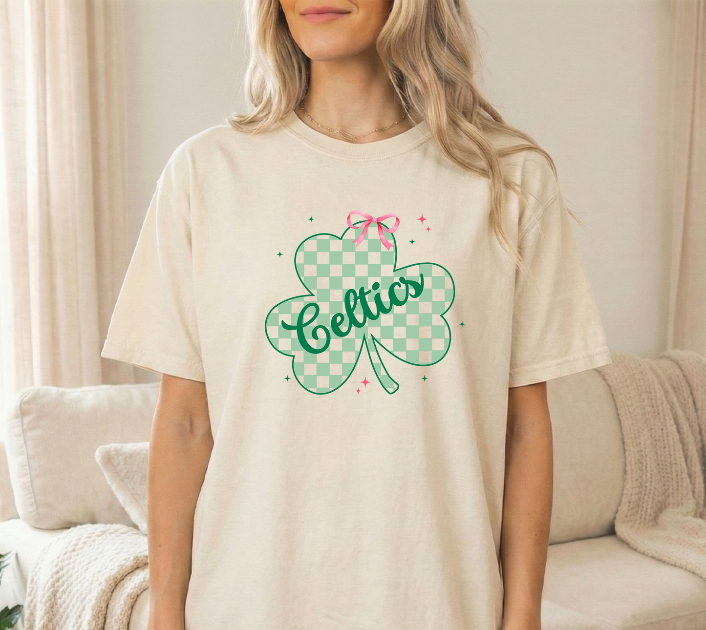 Celtics Checkered Clover Ivory Comfort Colors Tshirt