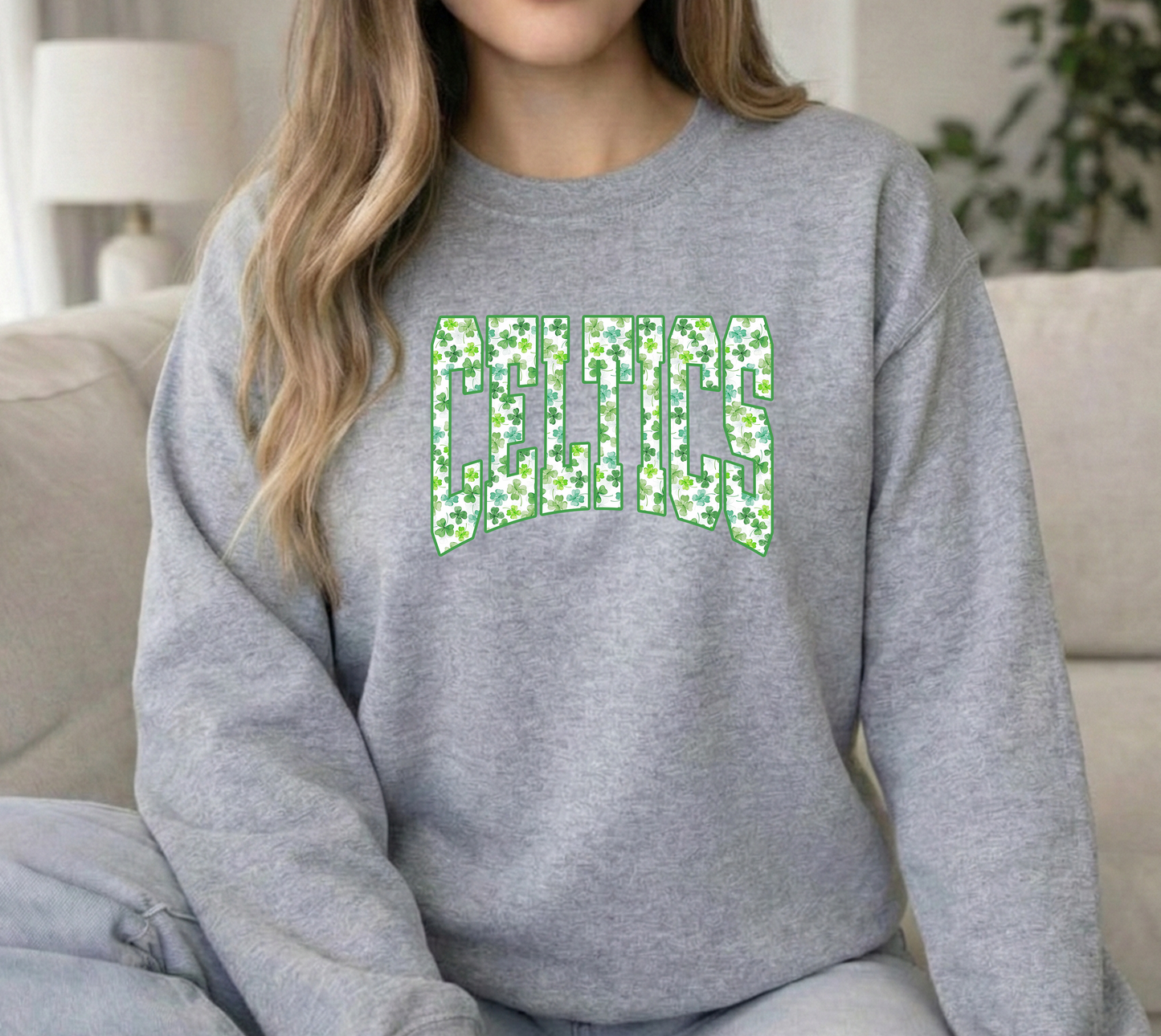 Celtics Clover Unisex Sports Grey Gildan Crewneck Sweatshirt