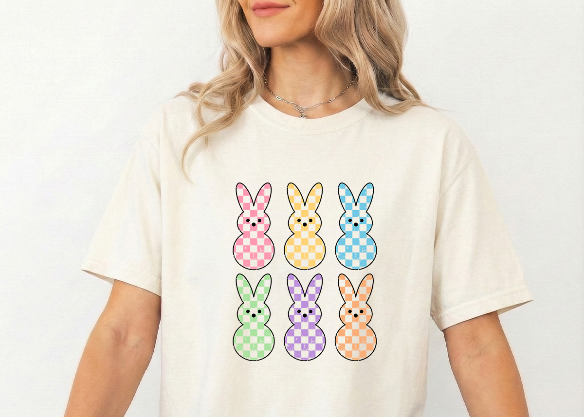 Checkered Easter Bunnies White Unisex Adult Tshirt