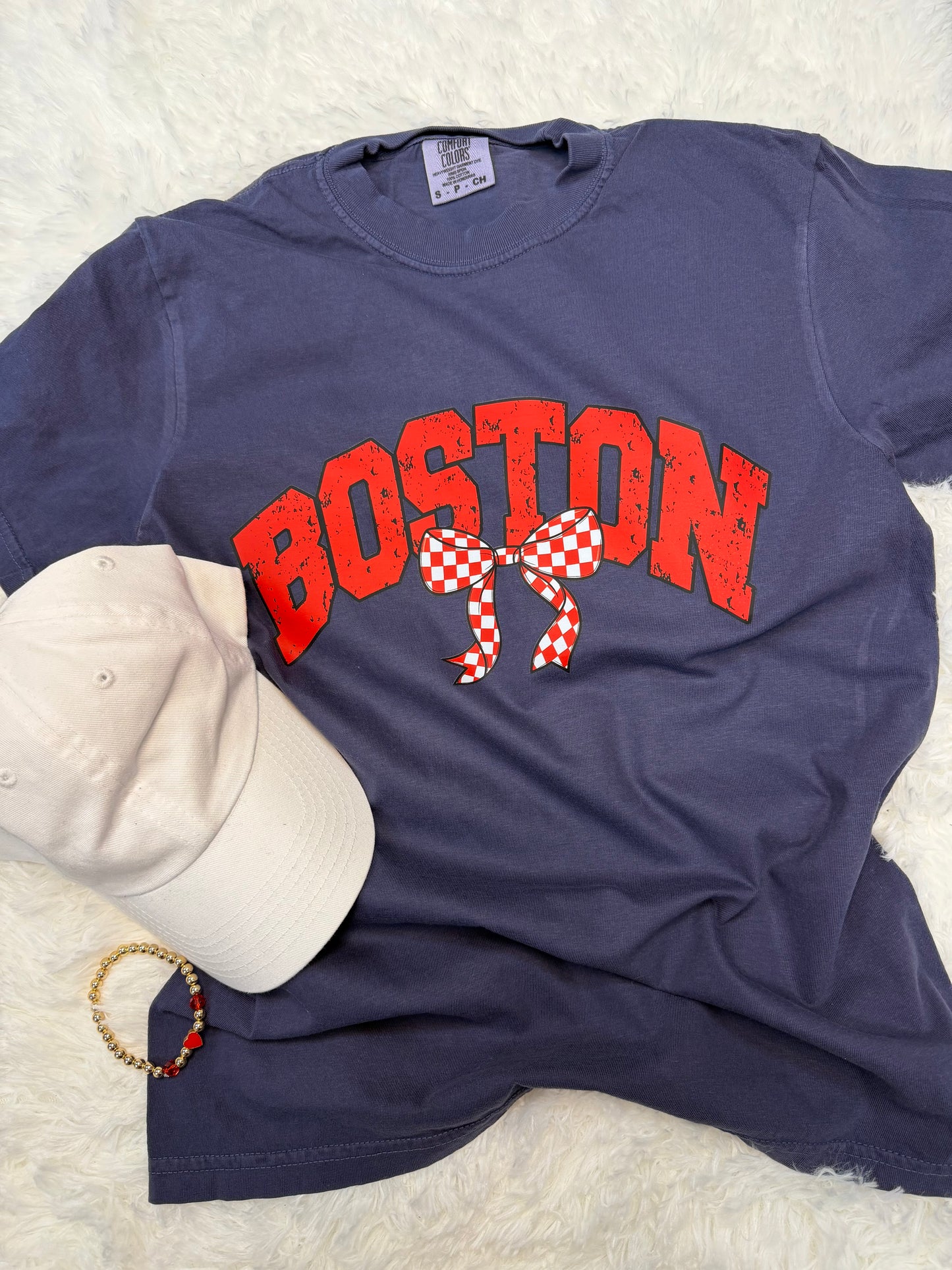 BOSTON checked Bow Navy Blue T-shirt
