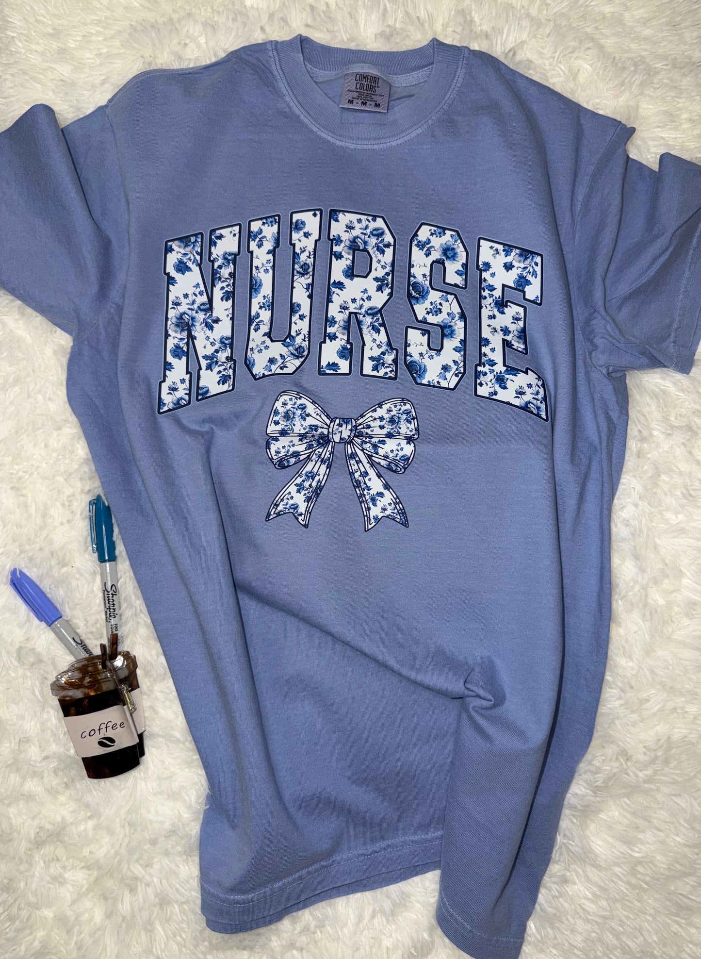 Cute NURSE Floral Washed Denim T-shirt