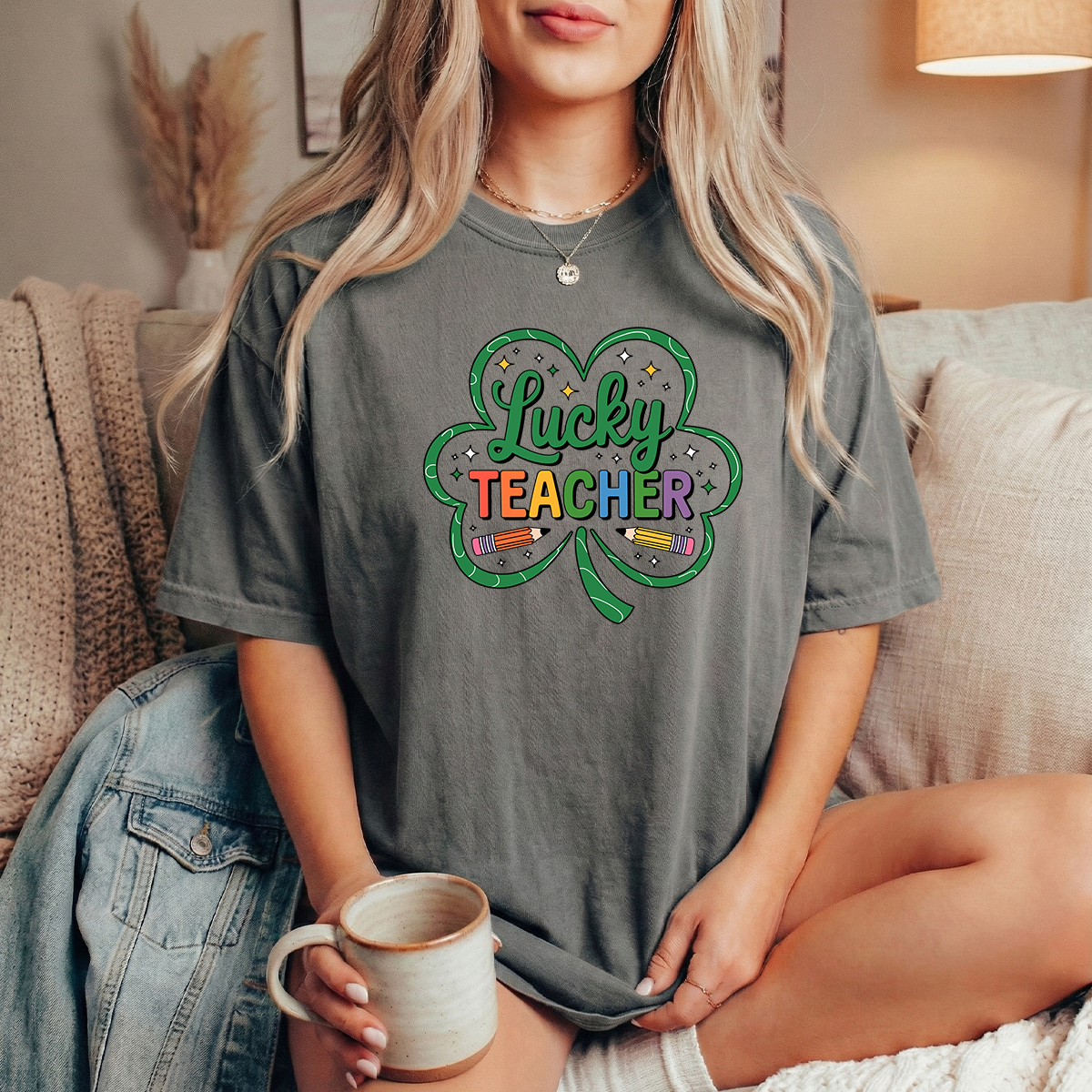 Lucky Teacher Clover Grey Tshirt