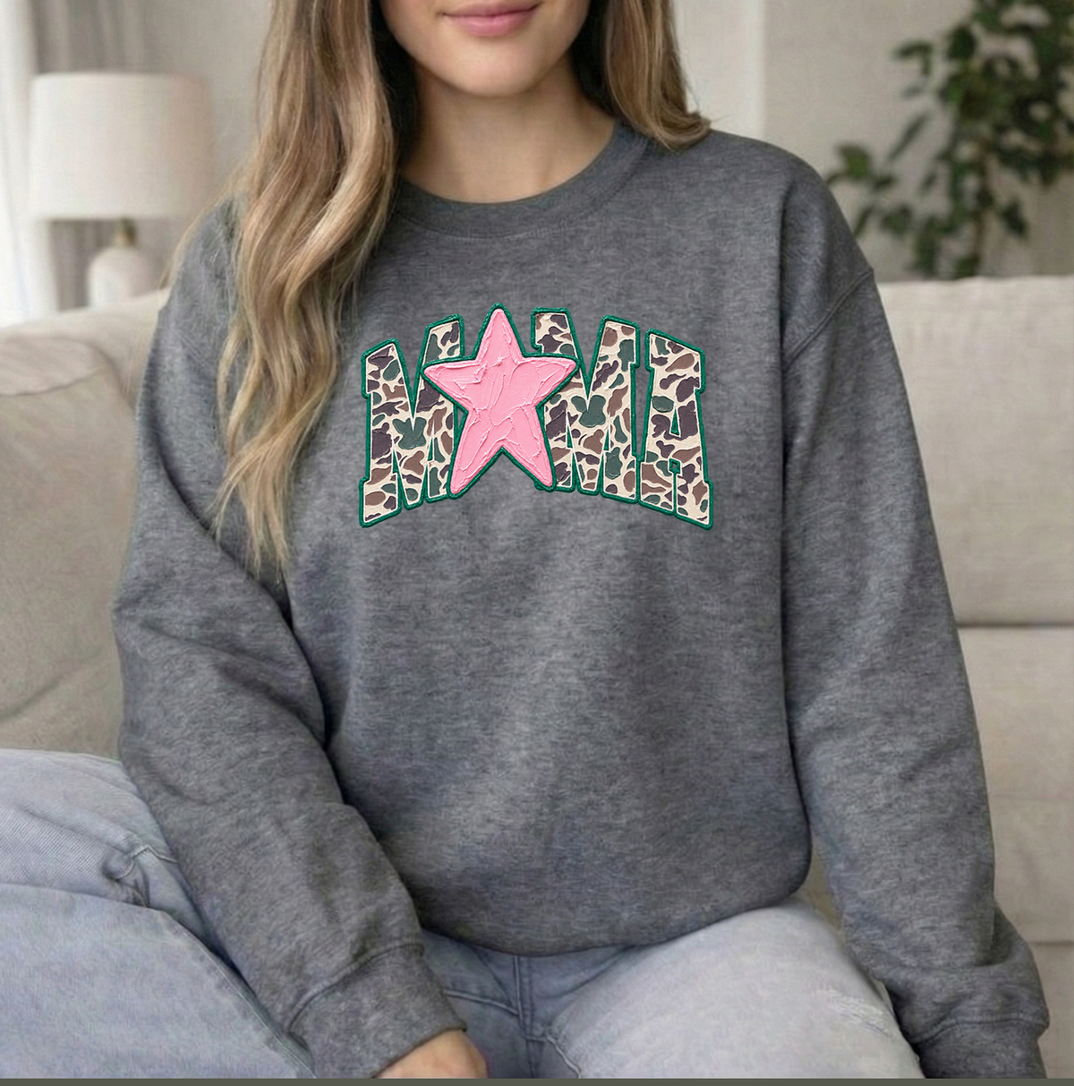 Mama Star Camo Unisex Gildan Graphite Crewneck Sweatshirt