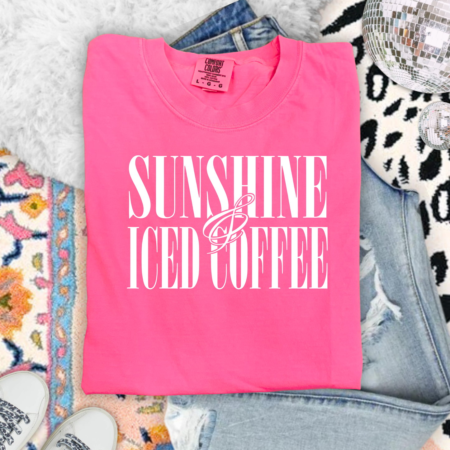 Sunshine and Iced Coffee Neon Pink Comfort Colors Tshirt