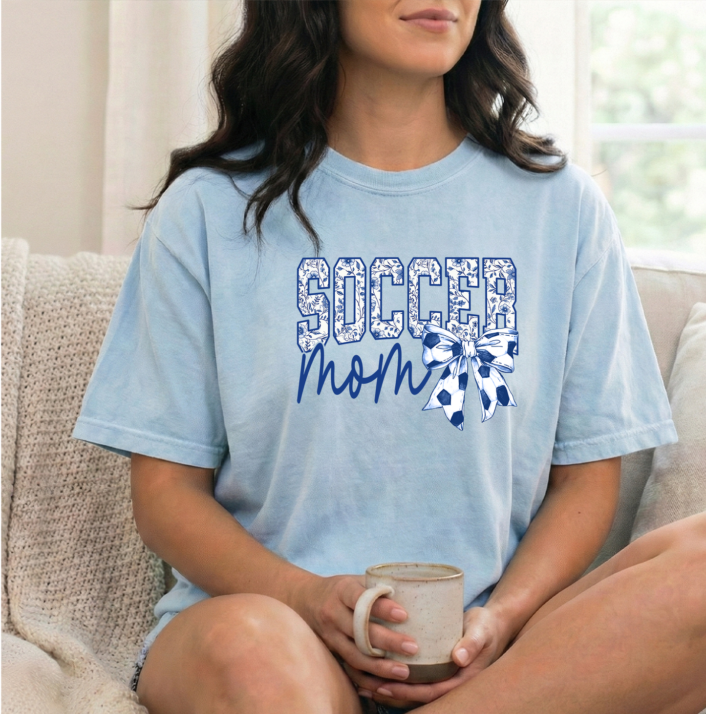 Soccer Mom Blue Floral Unisex Comfort Colors Chambray Tshirt