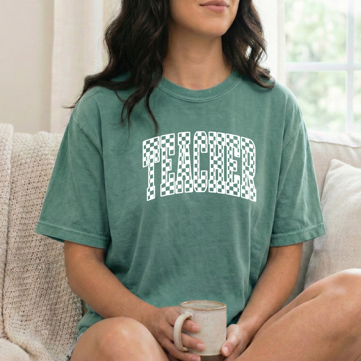 Teacher White Checkered Light green Tshirt