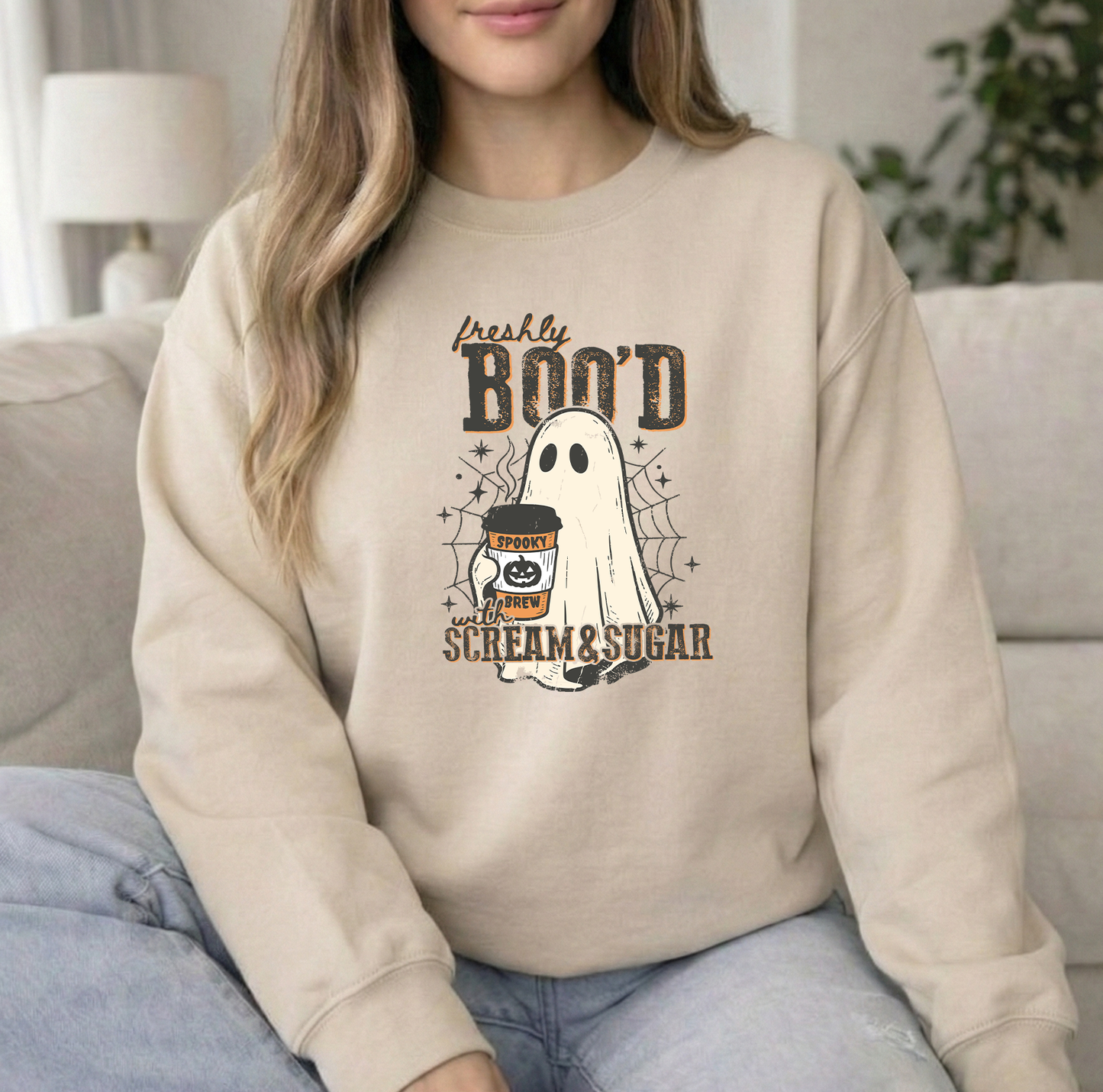 Fresh Booed Unisex Gildan Sand Crewneck Sweatshirt