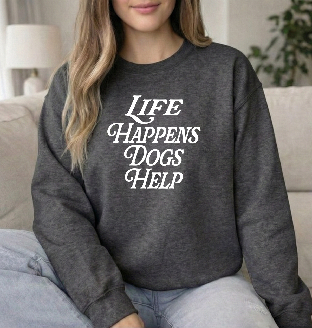 Life happens dogs help unisex Dark Heather unisex Gildan Crewneck Sweatshirt