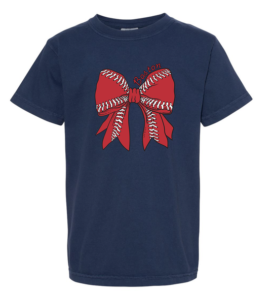 Red ball bow True Navy YOUTH Comfort Colors Tshirt