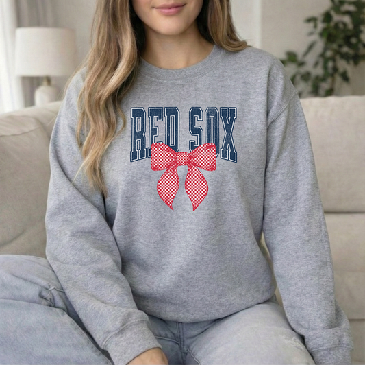 Baseball Red Check bow YOUTH Sports grey Crewneck Sweatshirt