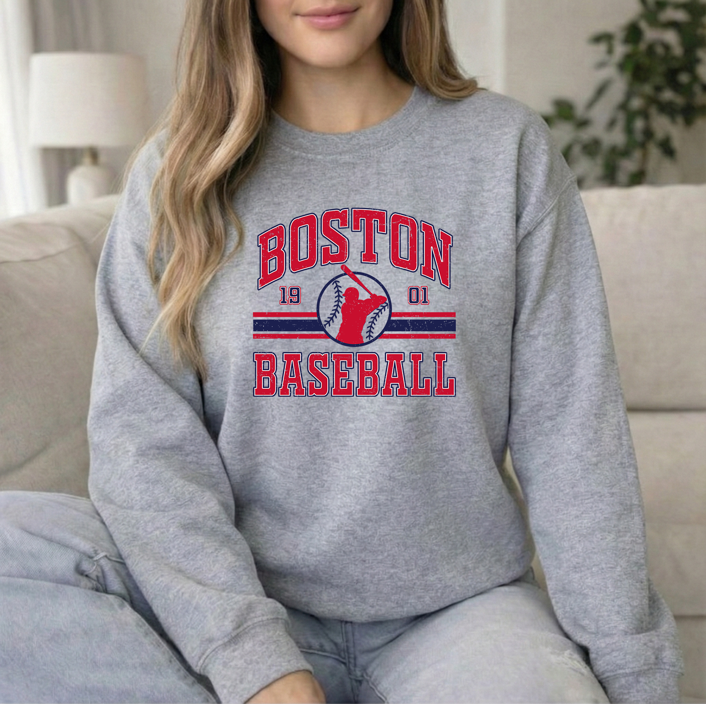 Boston Baseball Classic Sports Grey Unisex Gildan Crew Sweatshirt