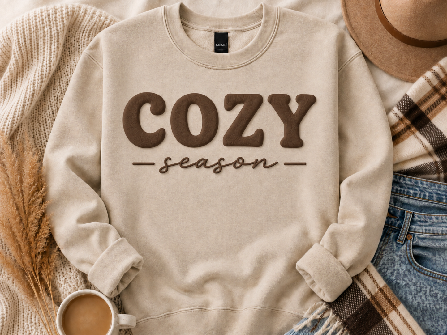 Cozy Season Puff Print Crewneck Sweatshirt – Sand