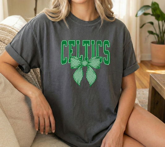 Celtics Checkered Bow Pepper Unisex Comfort Colors Tshirt