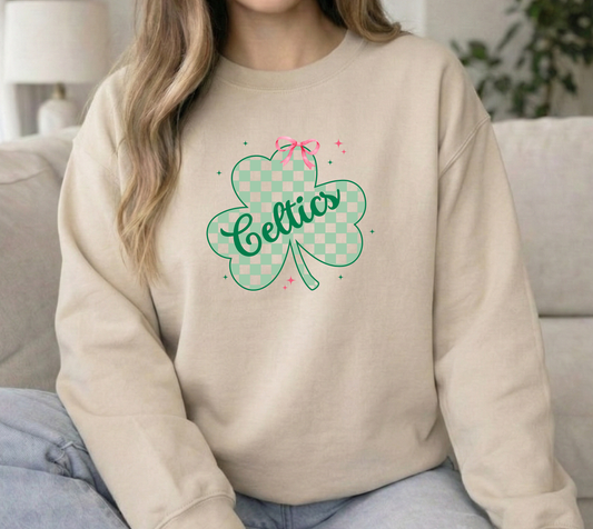 Celtics Checkered Clover Sand Gildan crewneck sweatshirt