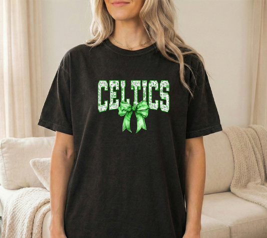 Celtics Green bow YOUTH Black Comfort Colors tshirt