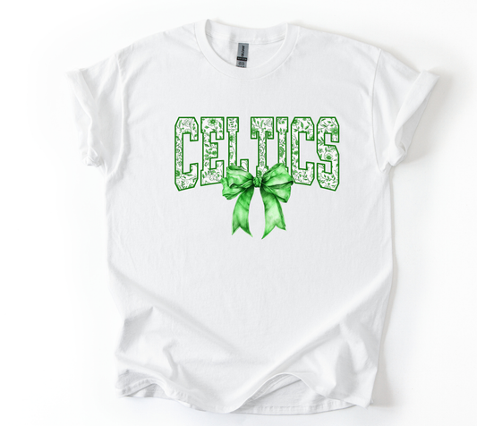 Celtics green bow White Gildan unisex t shirt