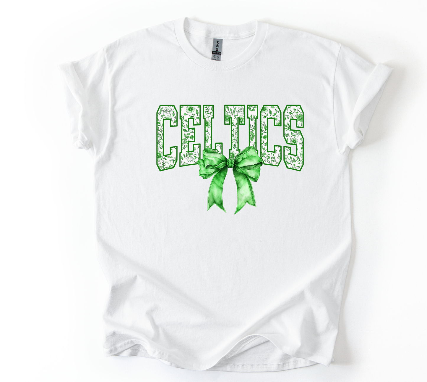 Celtics Green bow YOUTH White Gildan tshirt