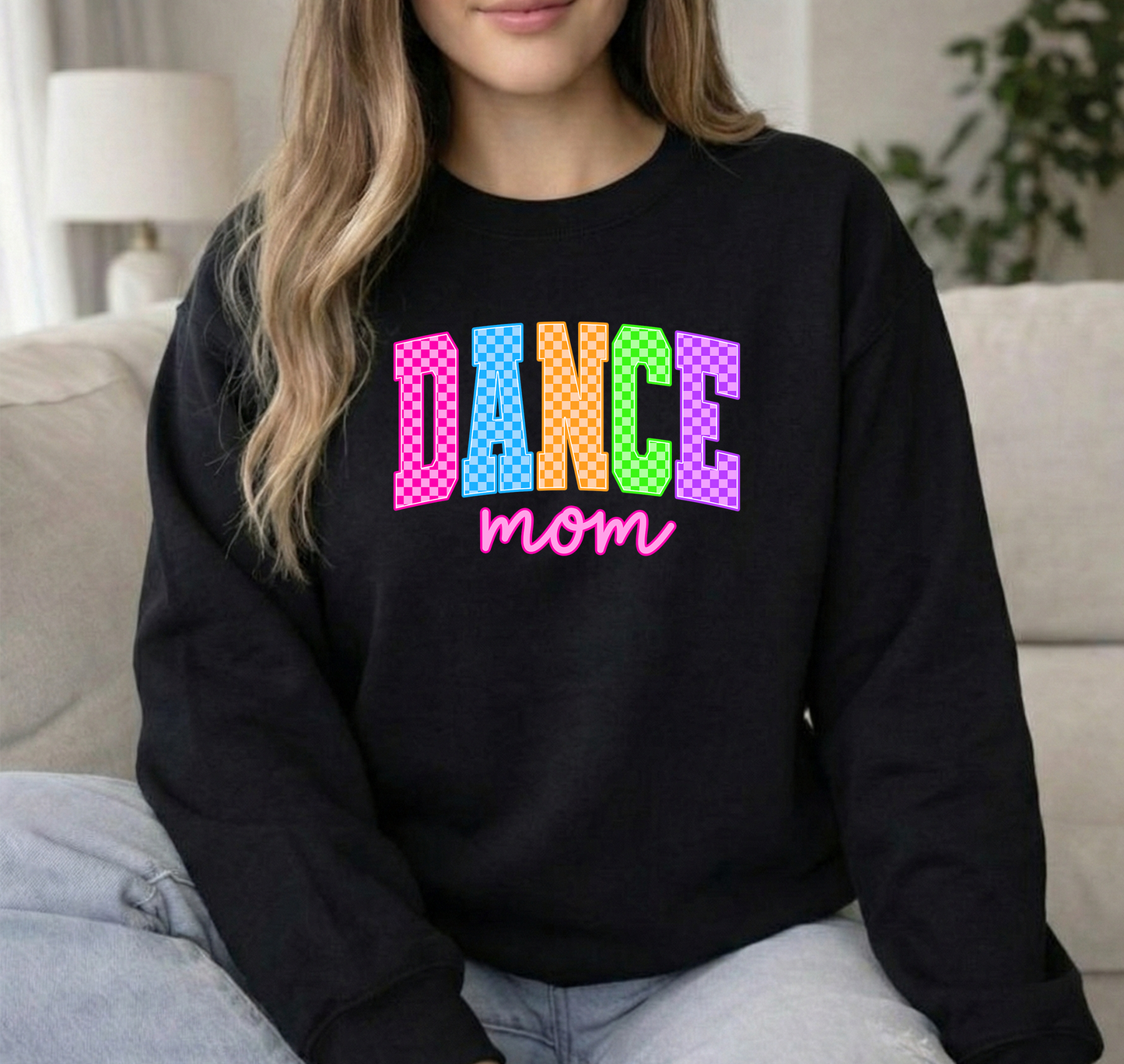 Dance mom bright checkered Black Unisex Crew Gildan Sweatshirt