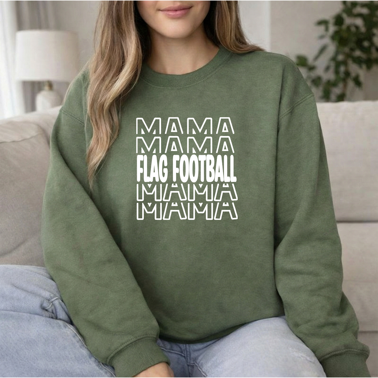 Flag Mama Unisex Heathered Green Gildan Crewneck Sweatshirt