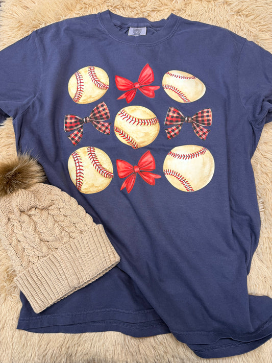 Baseball inspired Bow Navy  T-shirt