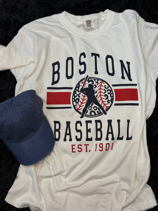 Red + Blue Boston Baseball white T-shirt