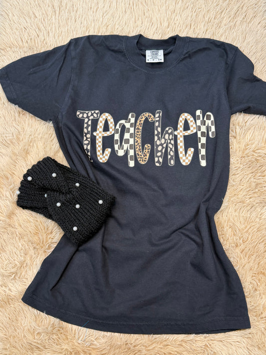Teacher Multi cute print black T-shirt