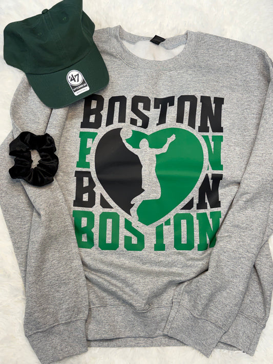 BOSTON Black + Green Sport Grey crewneck Sweatshirt
