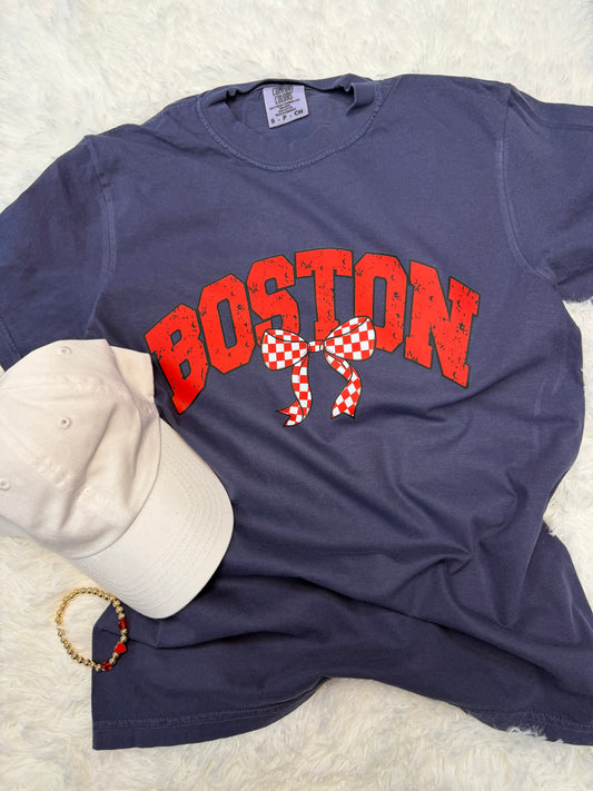 BOSTON checked Bow Navy Blue T-shirt