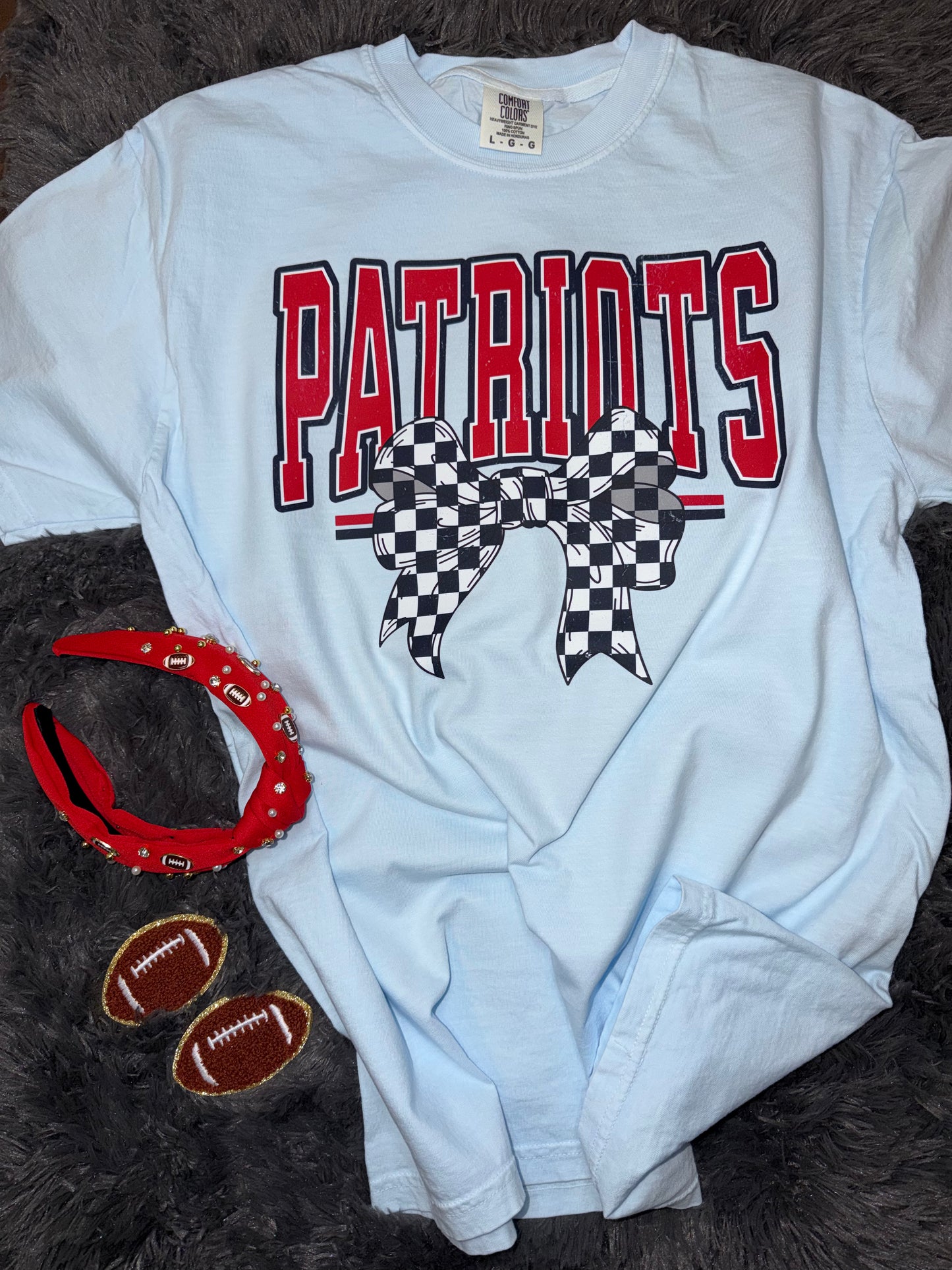 Patriots with navy and white checkered bow Chambray t shirt