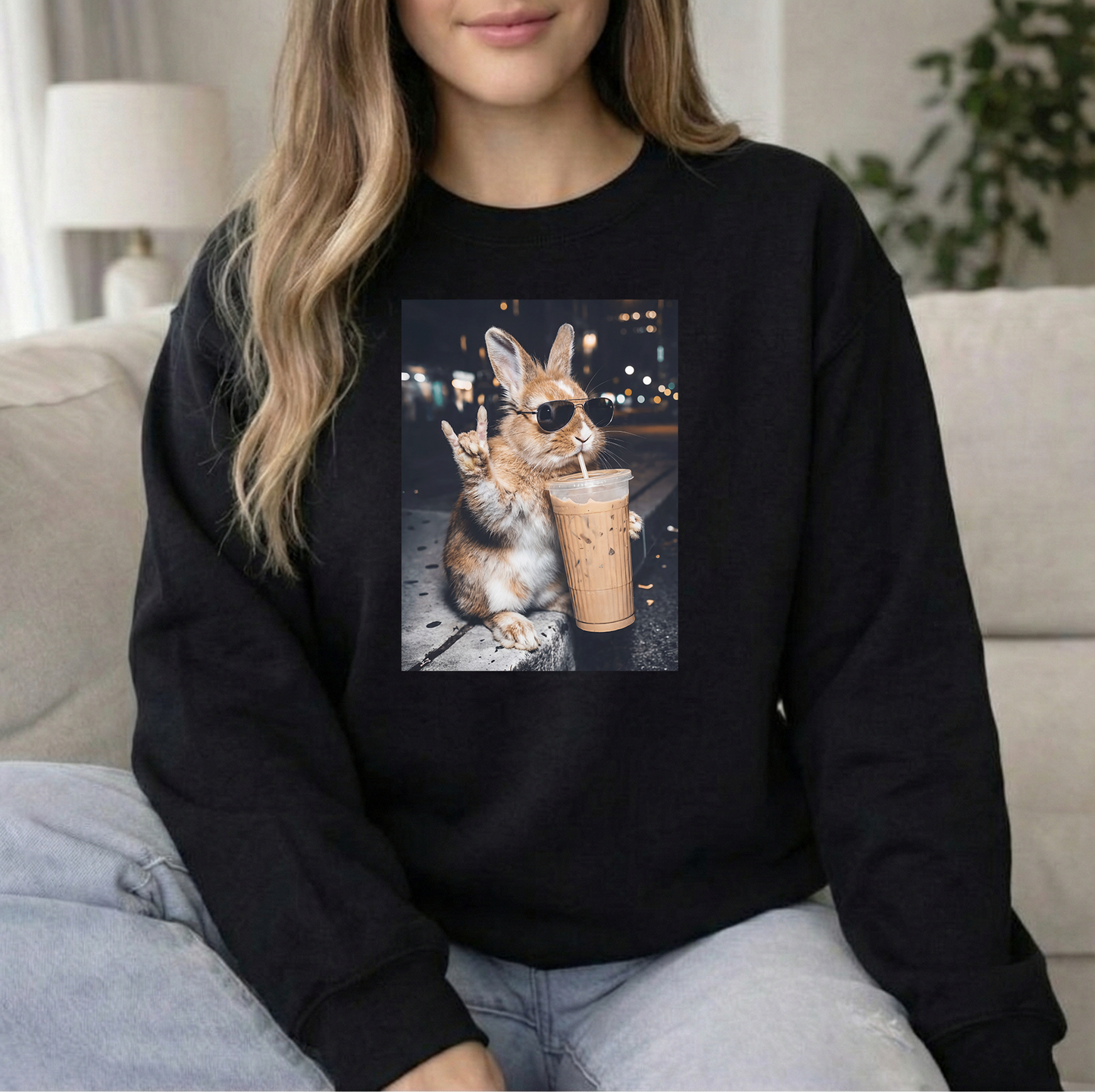 Bunny Ice Coffee Black Crew Sweatshirt