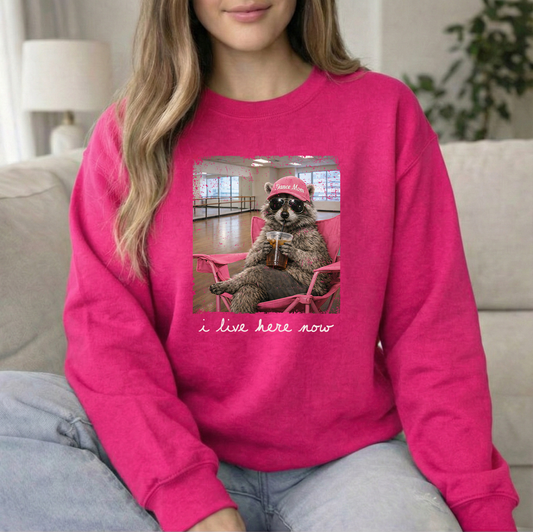 I live here DM Heliconia Unisex Gildan Crewneck Sweatshirt