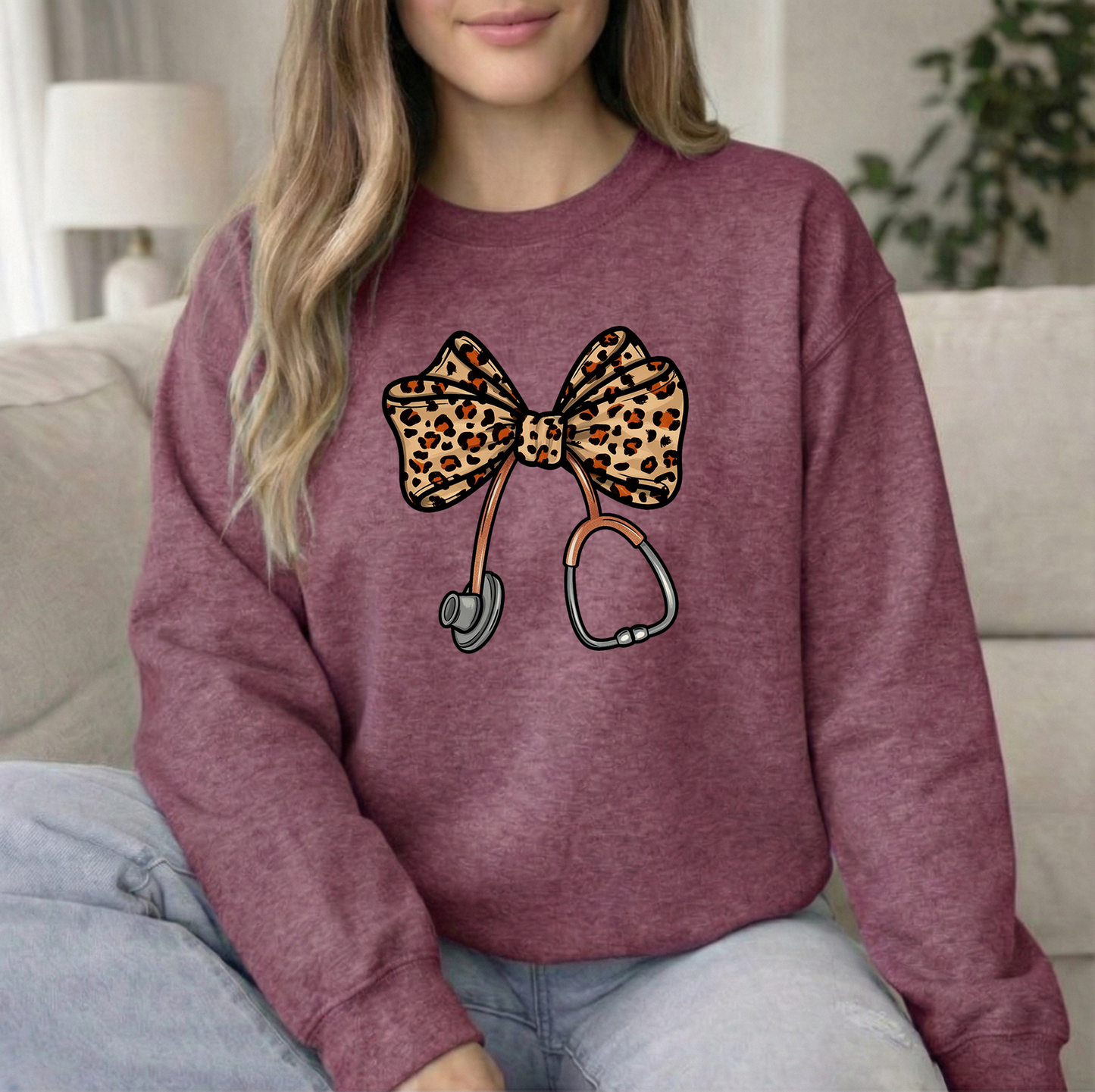 Leopard Stethoscope Heather Maroon Crew Sweatshirt