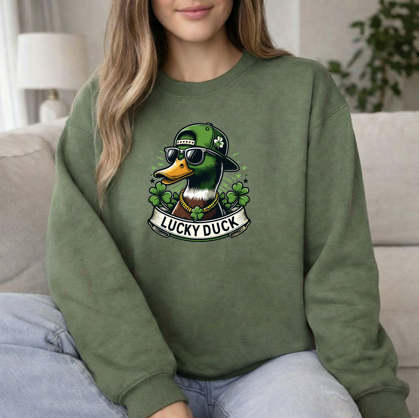 Lucky duck military green crew sweatshirt