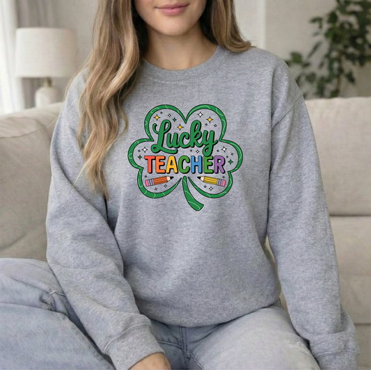 Lucky Teacher Clover Sports Grey Crew Sweatshirt
