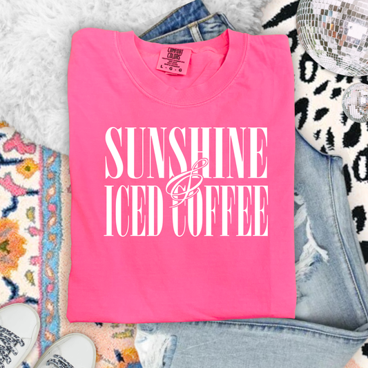 Sunshine and Iced Coffee Neon Pink Comfort Colors Tshirt