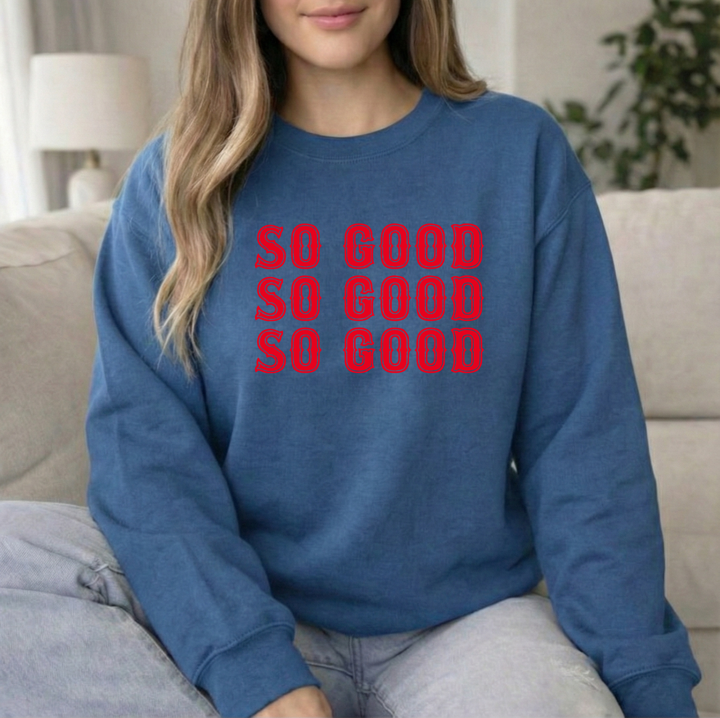 So Good Indigo Unisex Gildan Crew Sweatshirt