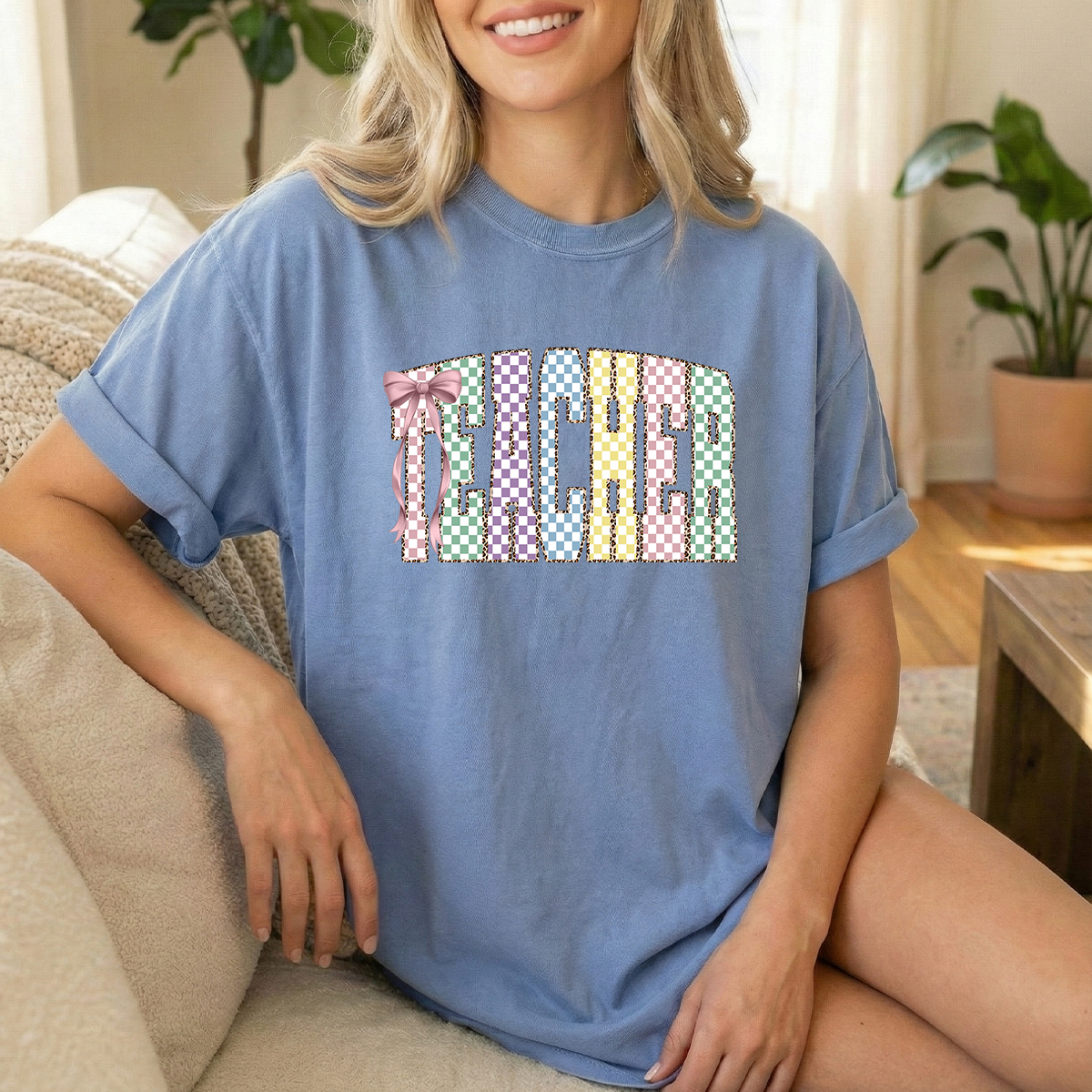 Teacher Easter Checkered Blue Jean Tshirt