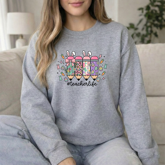Teacher Easter Pencils Sports Grey Crew Sweatshirt