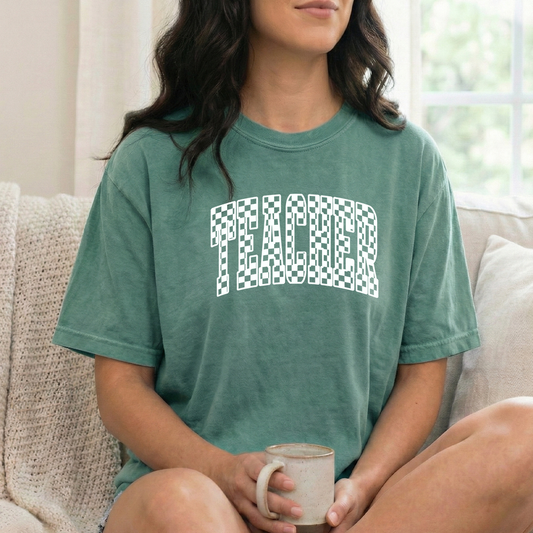 Teacher White Checkered Light green Tshirt