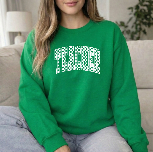 Teacher White Checkered Irish Green Crew Sweatshirt