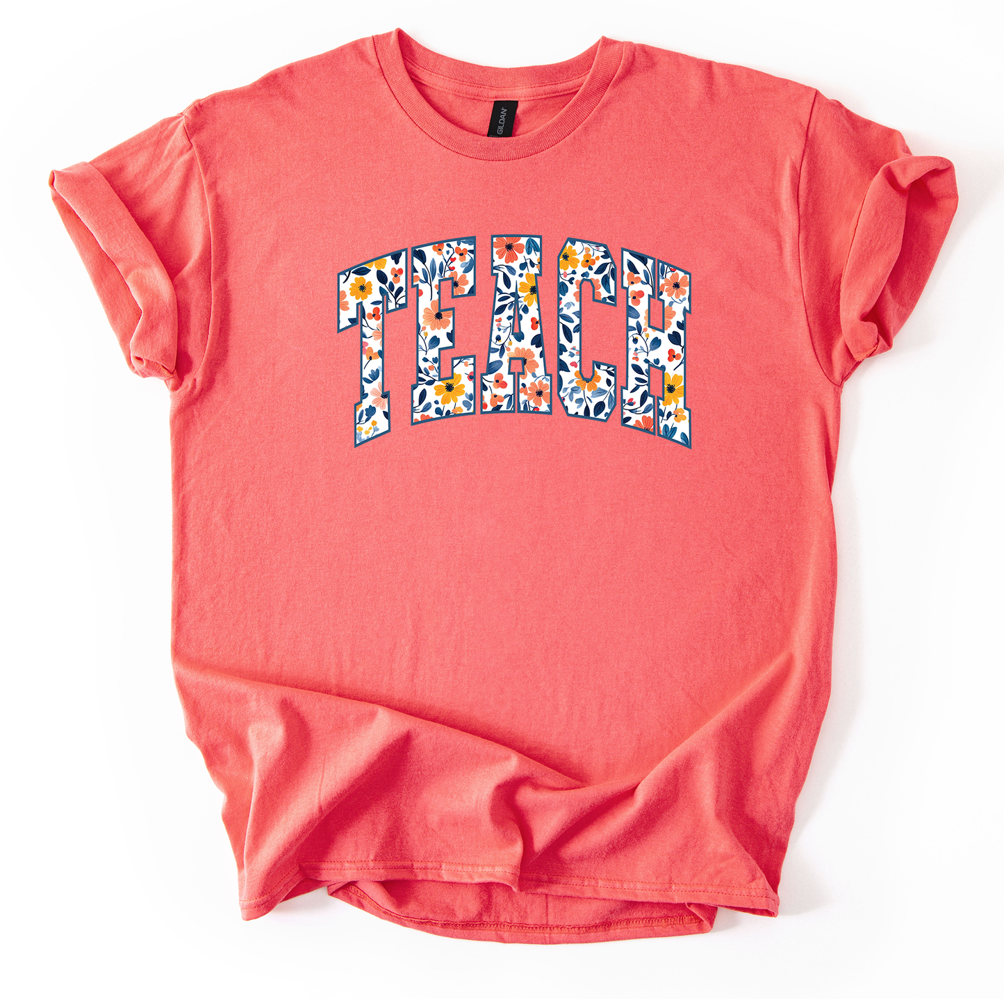 Teach Blue Floral Coral Silk Gildan Tshirt
