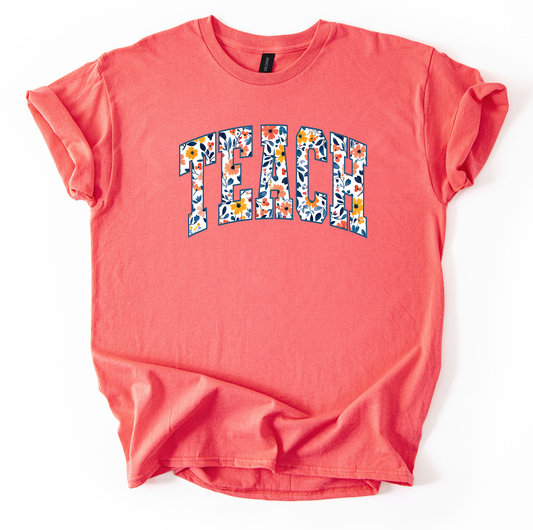 Teach Blue Floral Coral Silk Gildan Tshirt