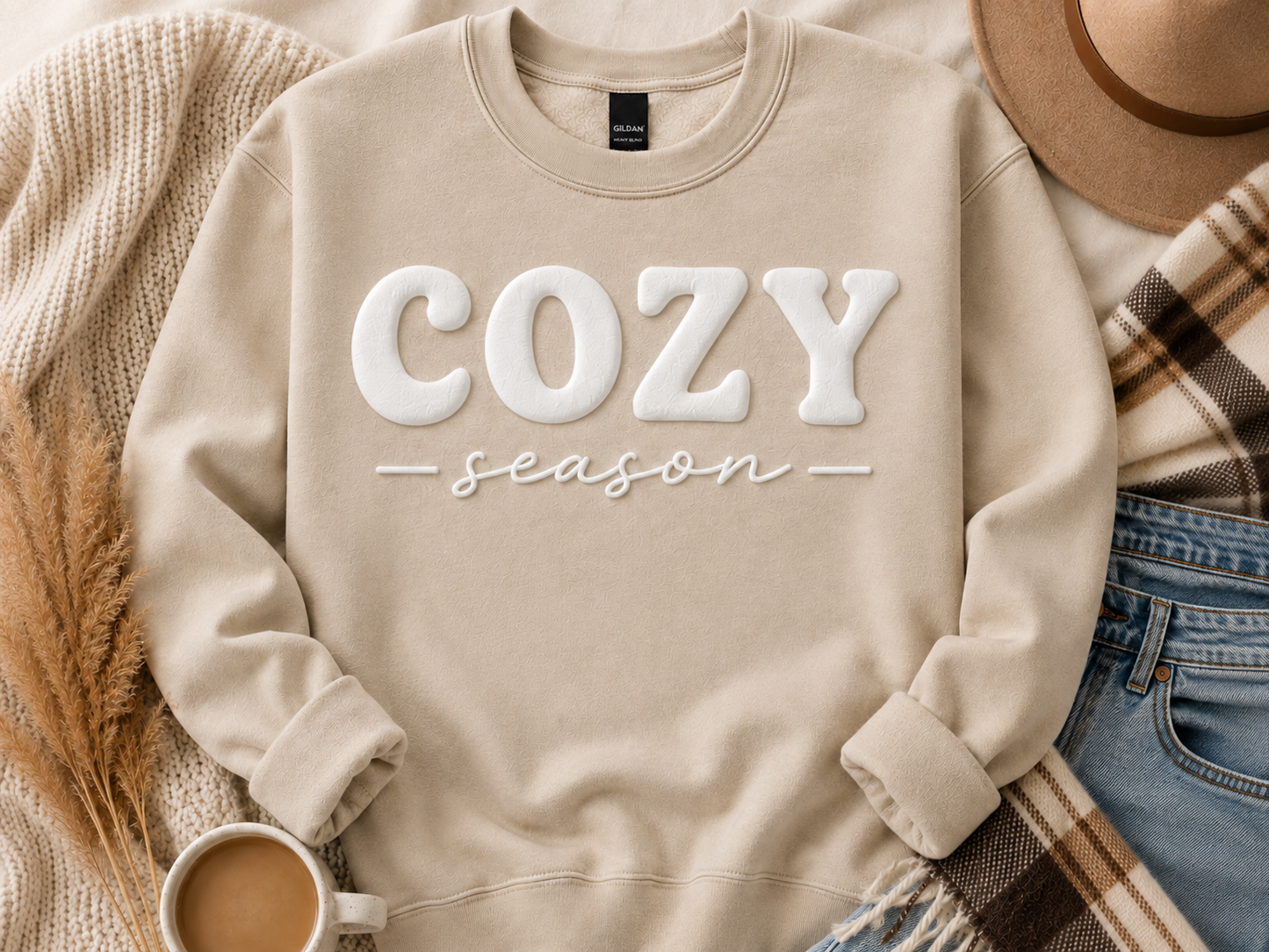 Cozy Season Puff Print Crewneck Sweatshirt – Sand