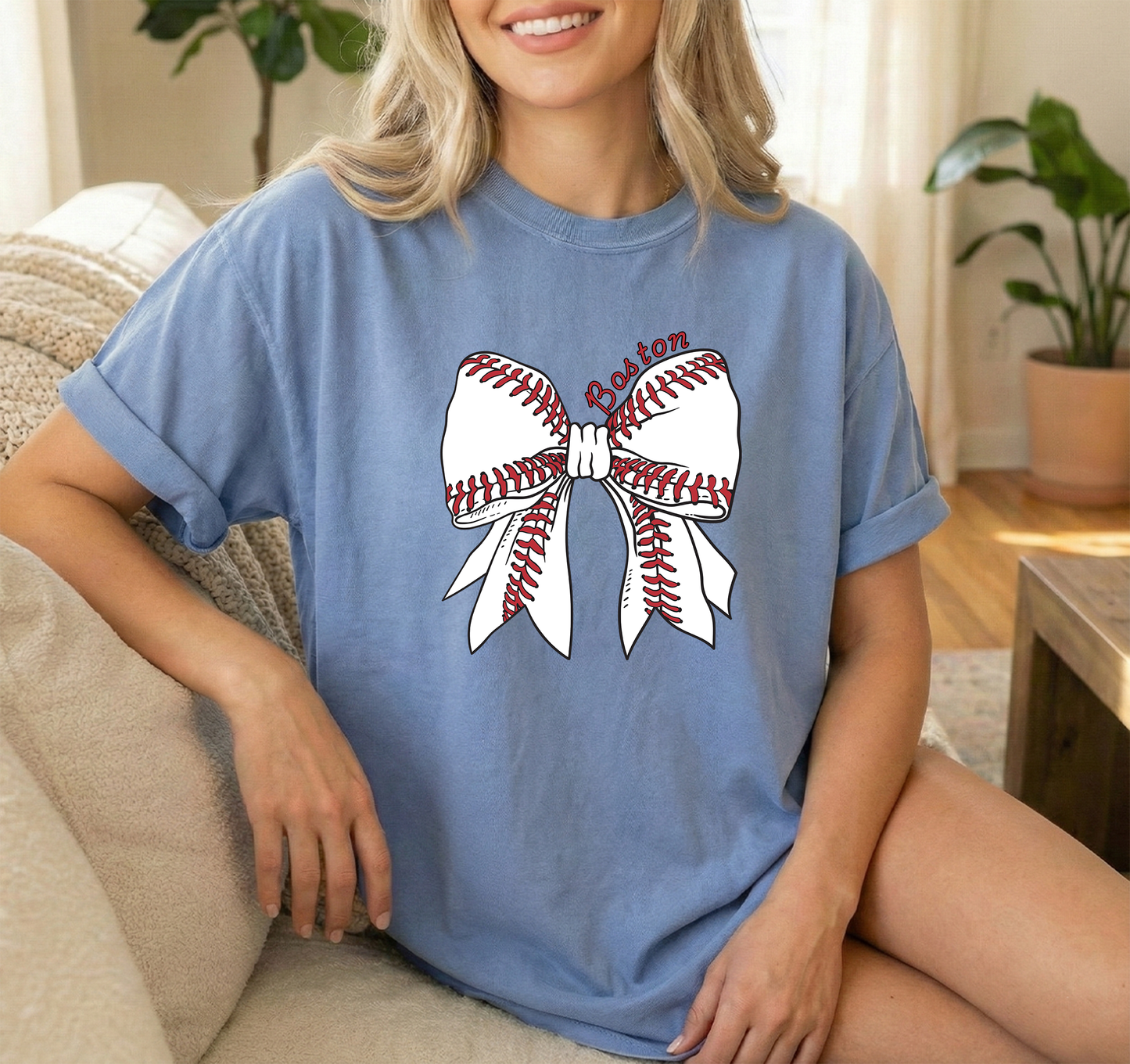 White ball bow Washed Denim Unisex Comfort Colors Tshirt