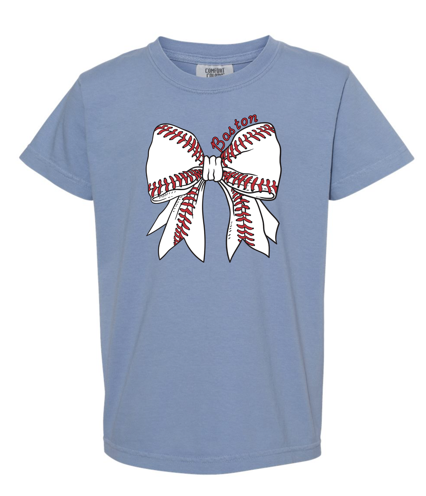 White ball bow Washed Denim YOUTH Comfort Colors Tshirt