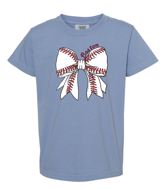 White ball bow Washed Denim YOUTH Comfort Colors Tshirt