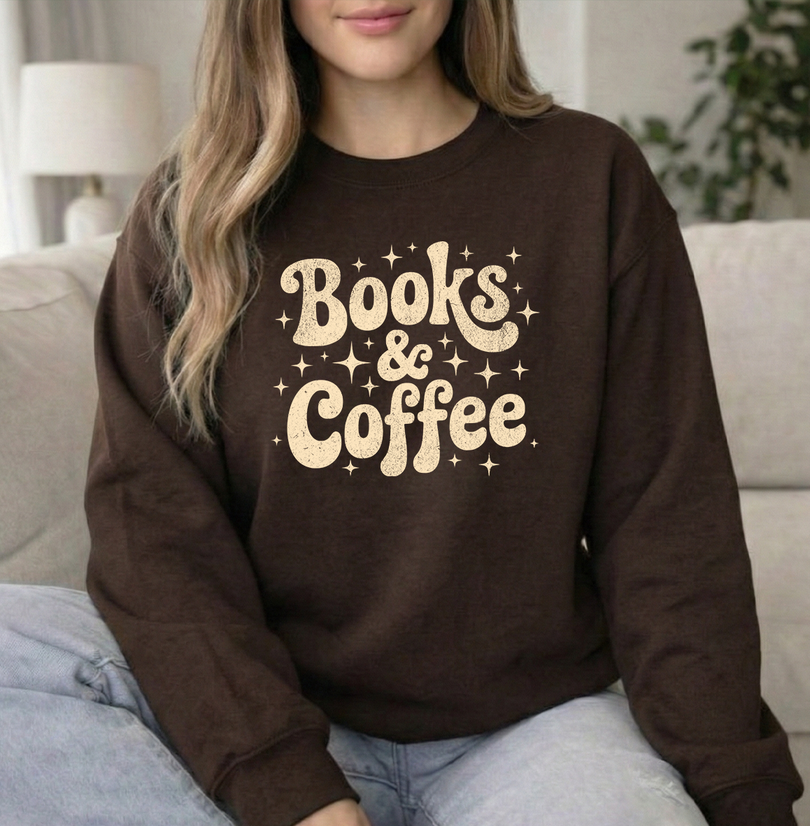 Books and Coffee Unisex Dark Chocolate Gildan Unisex Crewneck