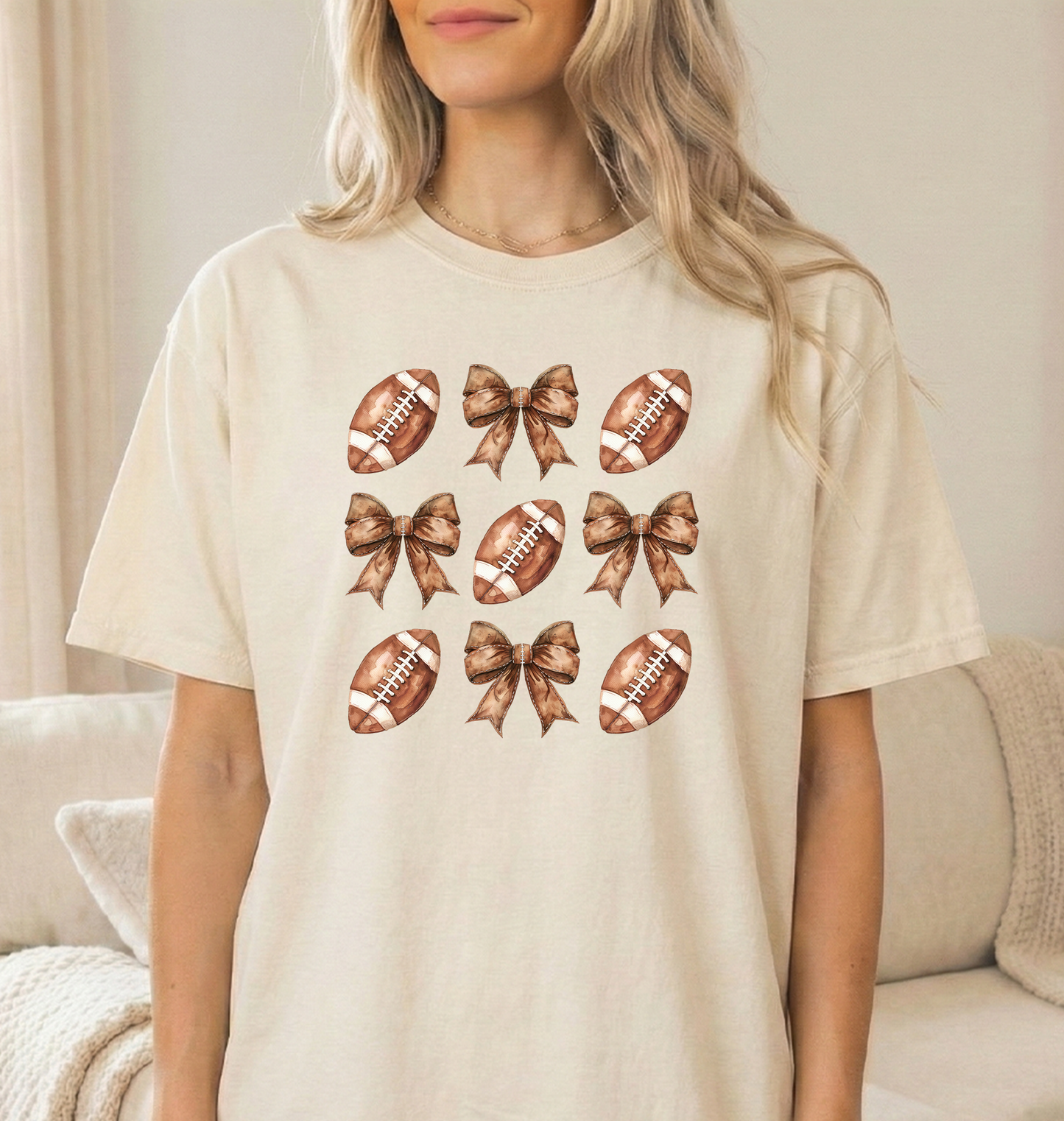 Brown football bows unisex comfort colors ivory t shirt